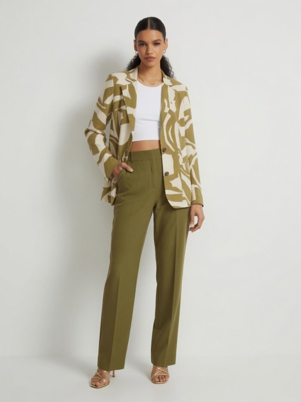 Gabrielle Union Long Sleeve Printed Olive Green/White Blazer Jacket, Size L